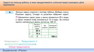 Видавництво «Ранок»
Задачі на спільну роботу, в яких продуктивність спільної праці знаходять дією
віднімання
Самостійне складання короткого запису до задачі.
20 л
15 л
160 л?
 