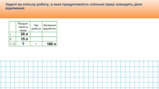 Видавництво «Ранок»
Задачі на спільну роботу, в яких продуктивність спільної праці знаходять дією
віднімання
20 л
15 л
160 л?
 