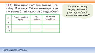 Видавництво «Ранок»
Чи можна першу
задачу записати
у вигляді таблиці
з цими величинами?
1
 