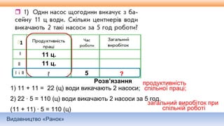 Видавництво «Ранок»
1
11 ц.
11 ц.
5 ?
Розв’язання
1) 11 + 11 = 22 (ц) води викачають 2 насоси;
2) 22 ∙ 5 = 110 (ц) води викачають 2 насоси за 5 год.
(11 + 11) ∙ 5 = 110 (ц)
продуктивність
спільної праці;
загальний виробіток при
спільній роботі
 