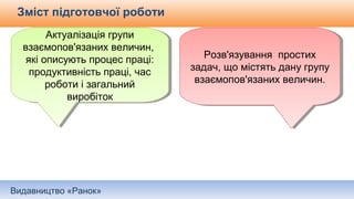 Видавництво «Ранок»
Зміст підготовчої роботи
Актуалізація групи
взаємопов'язаних величин,
які описують процес праці:
продуктивність праці, час
роботи і загальний
виробіток
Актуалізація групи
взаємопов'язаних величин,
які описують процес праці:
продуктивність праці, час
роботи і загальний
виробіток
Розв'язування простих
задач, що містять дану групу
взаємопов'язаних величин.
Розв'язування простих
задач, що містять дану групу
взаємопов'язаних величин.
 