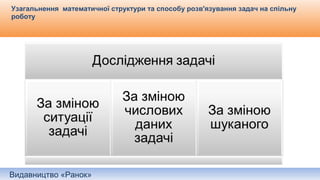 Видавництво «Ранок»
Узагальнення математичної структури та способу розв'язування задач на спільну
роботу
 
