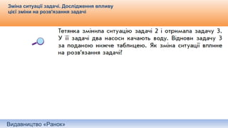 Видавництво «Ранок»
Зміна ситуації задачі. Дослідження впливу
цієї зміни на розв'язання задачі
 