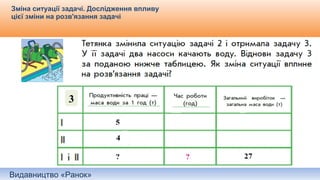 Видавництво «Ранок»
Зміна ситуації задачі. Дослідження впливу
цієї зміни на розв'язання задачі
3
 
