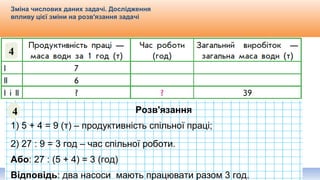Видавництво «Ранок»
Зміна числових даних задачі. Дослідження
впливу цієї зміни на розв'язання задачі
Розв'язання
1) 5 + 4 = 9 (т) – продуктивність спільної праці;
2) 27 : 9 = 3 год – час спільної роботи.
Або: 27 : (5 + 4) = 3 (год)
Відповідь: два насоси мають працювати разом 3 год.
4
4
 