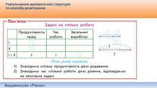Видавництво «Ранок»
Узагальнення математичної структури
та способу розв'язання
 