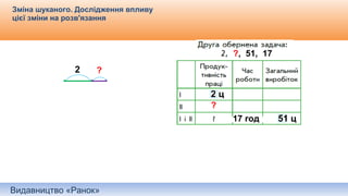 Видавництво «Ранок»
Зміна шуканого. Дослідження впливу
цієї зміни на розв'язання
2 ц
1 ц
51 ц
2 ц
1 ц
51 ц
?, 51, 17
17 год
?
2 ?
 
