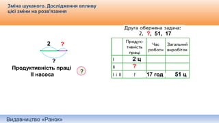 Видавництво «Ранок»
Зміна шуканого. Дослідження впливу
цієї зміни на розв'язання
2 ц
1 ц
51 ц
2 ц
1 ц
51 ц
?, 51, 17
17 год
?
2 ?
?
?
Продуктивність праці
ІІ насоса
 