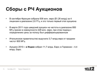 Сборы с РЧ Аукционов
     •      В сентябре Франция собрала 936 млн. евро ($1.26 млрд) за 4
            лицензии в диапазоне 2.6 ГГц, и это только первый этап аукциона

     •      В марте 2011 года шведский аукцион на частоты в диапазоне 800
            МГц принес в совокупности 228 млн. евро, при этом подход к
            определению цены за полосу был дифференцированным

     •      Итальянское правительство выручило 3,7 млрд евро от продажи
            частот 800 МГц

     •      Аукцион 2010 г. в Индии собрал 11,7 млрд. Евро; в Германии – 4,4
            млрд. Евро.




13       Сентябрь 2011   Telecom Networks 2.0
 