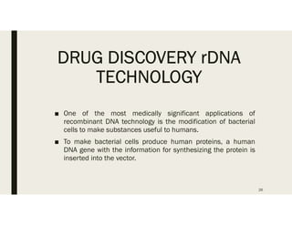 DRUG DISCOVERY rDNA
TECHNOLOGY
■ One of the most medically significant applications of
recombinant DNA technology is the modification of bacterial
cells to make substances useful to humans.
■ To make bacterial cells produce human proteins, a human
DNA gene with the information for synthesizing the protein is
inserted into the vector.
26
 