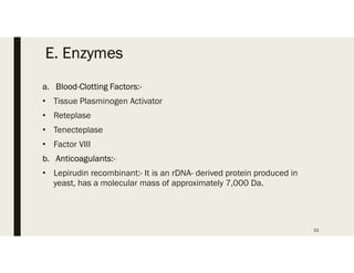 E. Enzymes
a. Blood-Clotting Factors:-
• Tissue Plasminogen Activator
• Reteplase
• Tenecteplase
• Factor VIII
b. Anticoagulants:-
• Lepirudin recombinant:- It is an rDNA- derived protein produced in
yeast, has a molecular mass of approximately 7,000 Da.
33
 