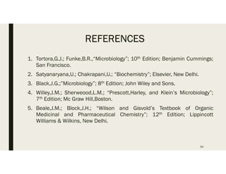 REFERENCES
1. Tortora,G.J.; Funke,B.R.,“Microbiology”; 10th Edition; Benjamin Cummings;
San Francisco.
2. Satyanaryana,U.; Chakrapani,U.; “Biochemistry”; Elsevier, New Delhi.
3. Black,J.G.;”Microbiology”; 8th Edition; John Wiley and Sons.
4. Willey,J.M.; Sherweood,L.M.; “Prescott,Harley, and Klein’s Microbiology”;
7th Edition; Mc Graw Hill,Boston.
5. Beale,J.M.; Block,J.H.; “Wilson and Gisvold’s Textbook of Organic
Medicinal and Pharmaceutical Chemistry”; 12th Edition; Lippincott
Williams & Wilkins, New Delhi.
54
 