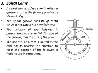 3. Spiral Cams
• A spiral cam is a face cam in which a
groove is cut in the form of a spiral as
shown in Fig.
• The spiral groove consists of teeth
which mesh with a pin gear follower.
• The velocity of the follower is
proportional to the radial distance of
the groove from the axis of the cam.
• The use of such a cam is limited as the
cam has to reverse the direction to
reset the position of the follower. It
finds its use in computers.
5/3/2022 SKV/RMKCET/UNIT-3 19
 