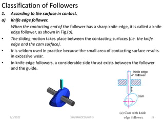 Classification of Followers
1. According to the surface in contact.
a) Knife edge follower.
When the contacting end of the follower has a sharp knife edge, it is called a knife
edge follower, as shown in Fig.(a).
• The sliding motion takes place between the contacting surfaces (i.e. the knife
edge and the cam surface).
• It is seldom used in practice because the small area of contacting surface results
in excessive wear.
• In knife edge followers, a considerable side thrust exists between the follower
and the guide.
5/3/2022 SKV/RMKCET/UNIT-3 28
 