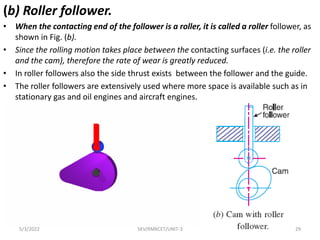 (b) Roller follower.
• When the contacting end of the follower is a roller, it is called a roller follower, as
shown in Fig. (b).
• Since the rolling motion takes place between the contacting surfaces (i.e. the roller
and the cam), therefore the rate of wear is greatly reduced.
• In roller followers also the side thrust exists between the follower and the guide.
• The roller followers are extensively used where more space is available such as in
stationary gas and oil engines and aircraft engines.
5/3/2022 SKV/RMKCET/UNIT-3 29
 