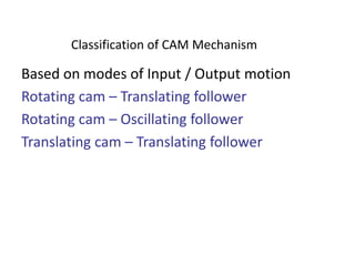 Classification of CAM Mechanism
Based on modes of Input / Output motion
Rotating cam – Translating follower
Rotating cam – Oscillating follower
Translating cam – Translating follower
 