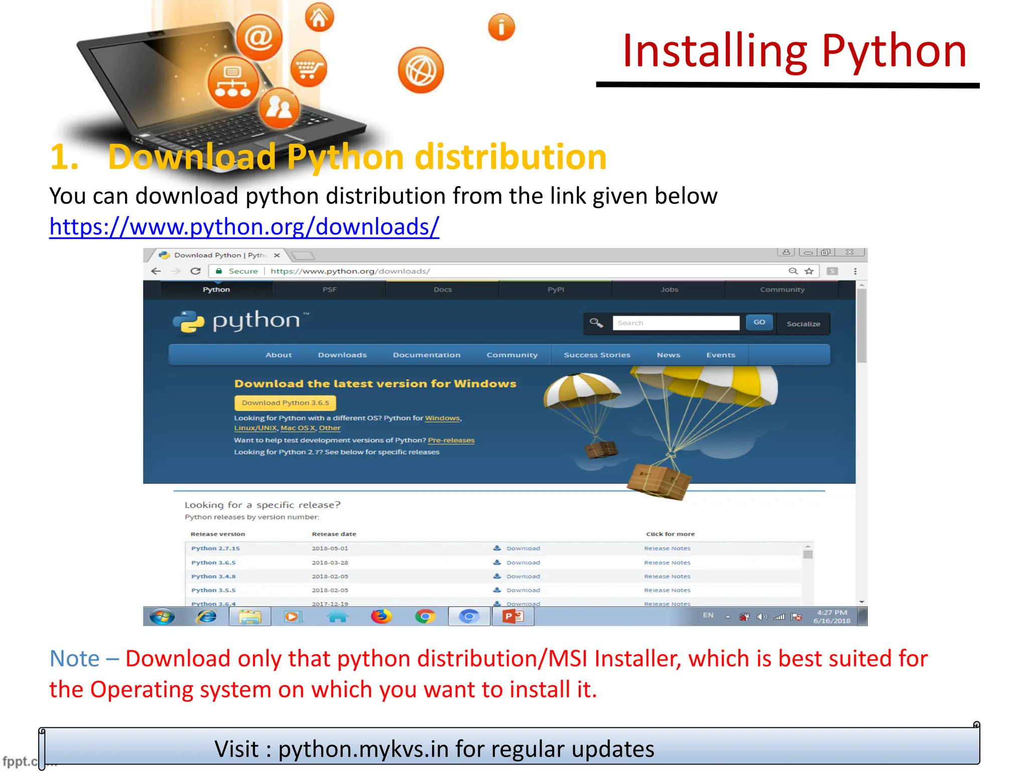 Installing Python
1. Download Python distribution
You can download python distribution from the link given below
https://www.python.org/downloads/
Note – Download only that python distribution/MSI Installer, which is best suited for
the Operating system on which you want to install it.
Visit : python.mykvs.in for regular updates
 