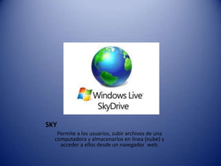 SKYPermite a los usuarios, subir archivos de una computadora y almacenarlos en línea (nube) y acceder a ellos desde un navegador  web.