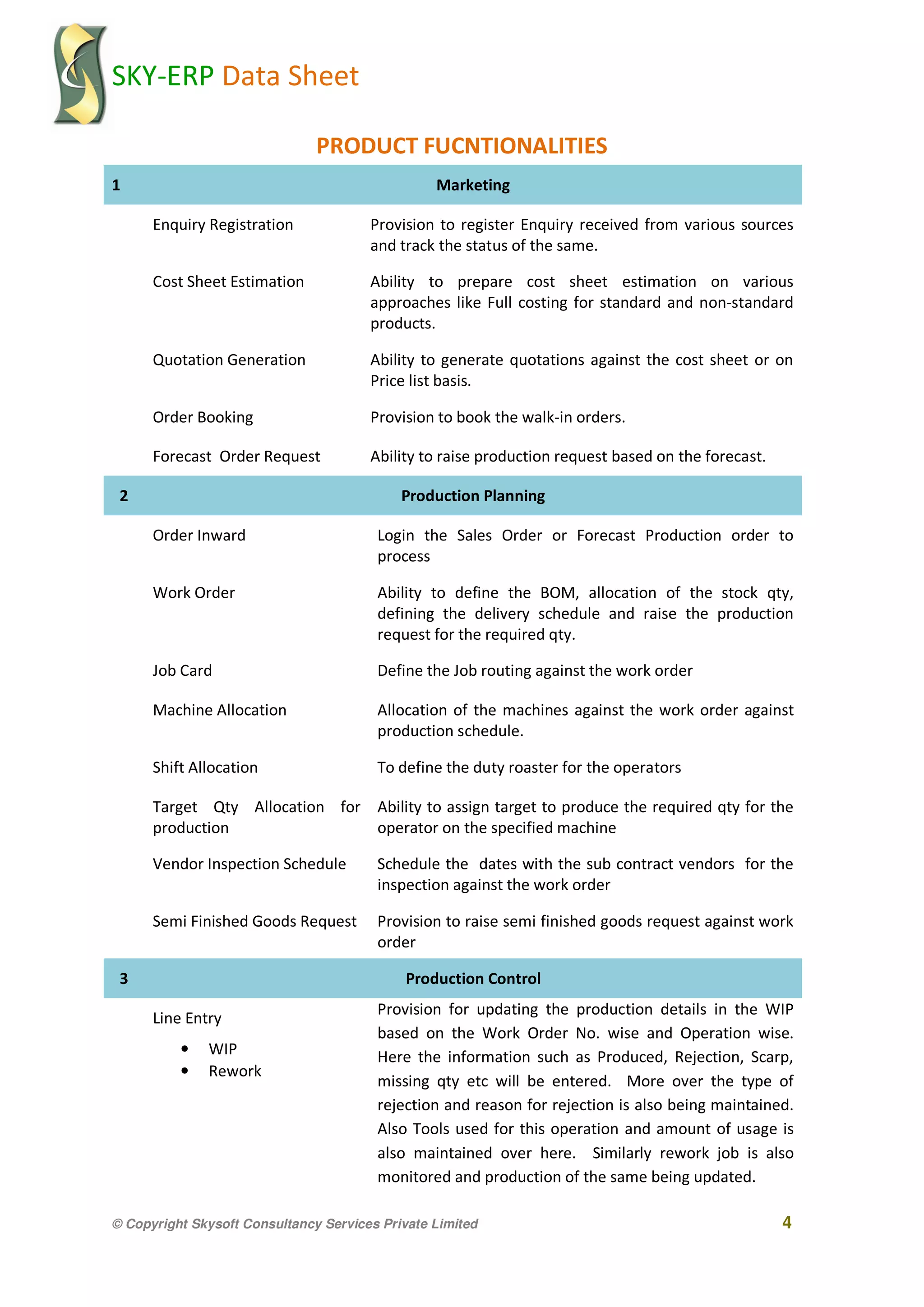 SKY-ERP Data Sheet
© Copyright Skysoft Consultancy Services Private Limited 4
PRODUCT FUCNTIONALITIES
1 Marketing
Enquiry Registration Provision to register Enquiry received from various sources
and track the status of the same.
Cost Sheet Estimation Ability to prepare cost sheet estimation on various
approaches like Full costing for standard and non-standard
products.
Quotation Generation Ability to generate quotations against the cost sheet or on
Price list basis.
Order Booking Provision to book the walk-in orders.
Forecast Order Request Ability to raise production request based on the forecast.
2 Production Planning
Order Inward Login the Sales Order or Forecast Production order to
process
Work Order Ability to define the BOM, allocation of the stock qty,
defining the delivery schedule and raise the production
request for the required qty.
Job Card Define the Job routing against the work order
Machine Allocation Allocation of the machines against the work order against
production schedule.
Shift Allocation To define the duty roaster for the operators
Target Qty Allocation for
production
Ability to assign target to produce the required qty for the
operator on the specified machine
Vendor Inspection Schedule Schedule the dates with the sub contract vendors for the
inspection against the work order
Semi Finished Goods Request Provision to raise semi finished goods request against work
order
3 Production Control
Line Entry
• WIP
• Rework
Provision for updating the production details in the WIP
based on the Work Order No. wise and Operation wise.
Here the information such as Produced, Rejection, Scarp,
missing qty etc will be entered. More over the type of
rejection and reason for rejection is also being maintained.
Also Tools used for this operation and amount of usage is
also maintained over here. Similarly rework job is also
monitored and production of the same being updated.
 