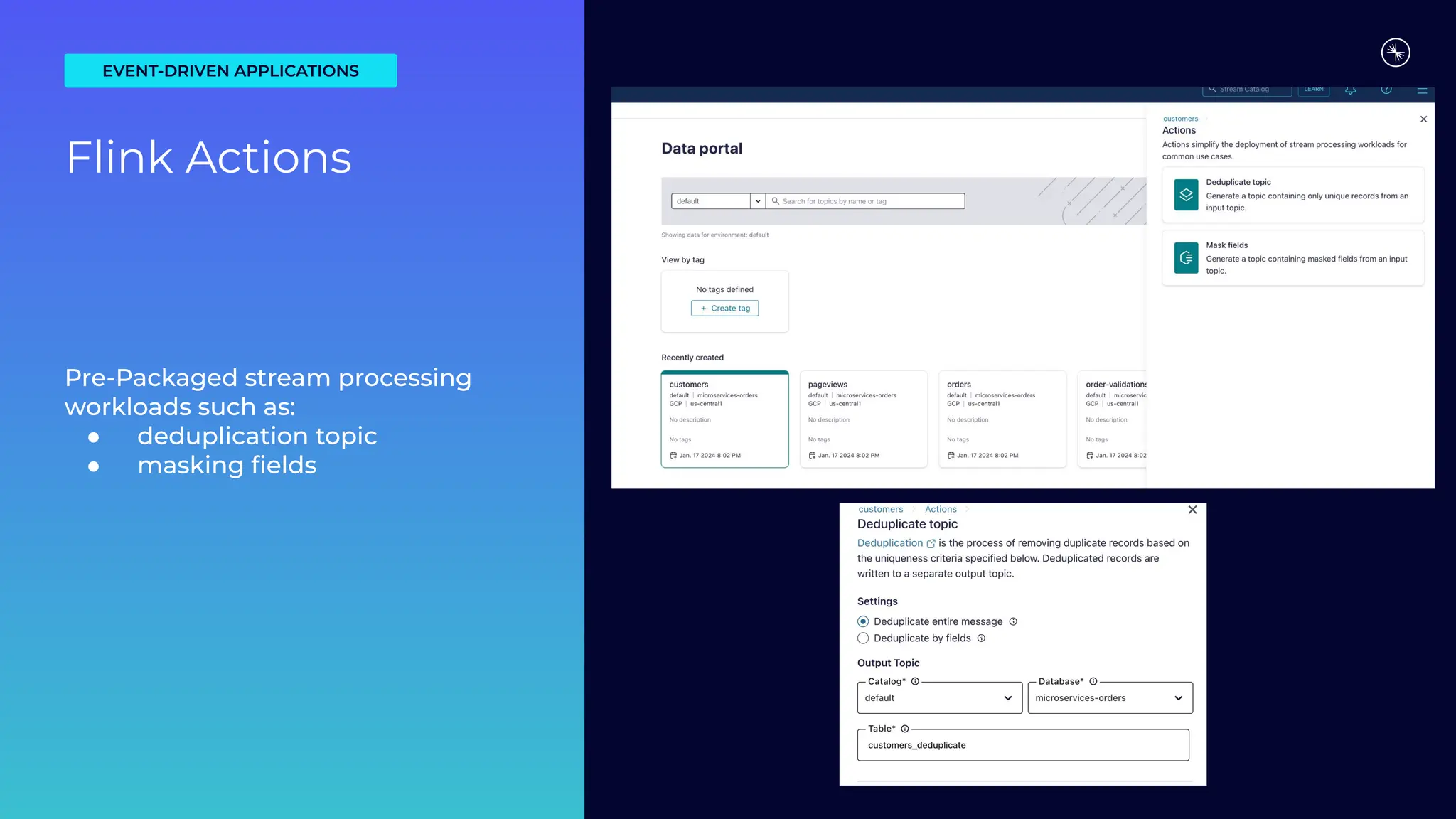 Pre-Packaged stream processing
workloads such as:
● deduplication topic
● masking ﬁelds
EVENT-DRIVEN APPLICATIONS
Flink Actions
 