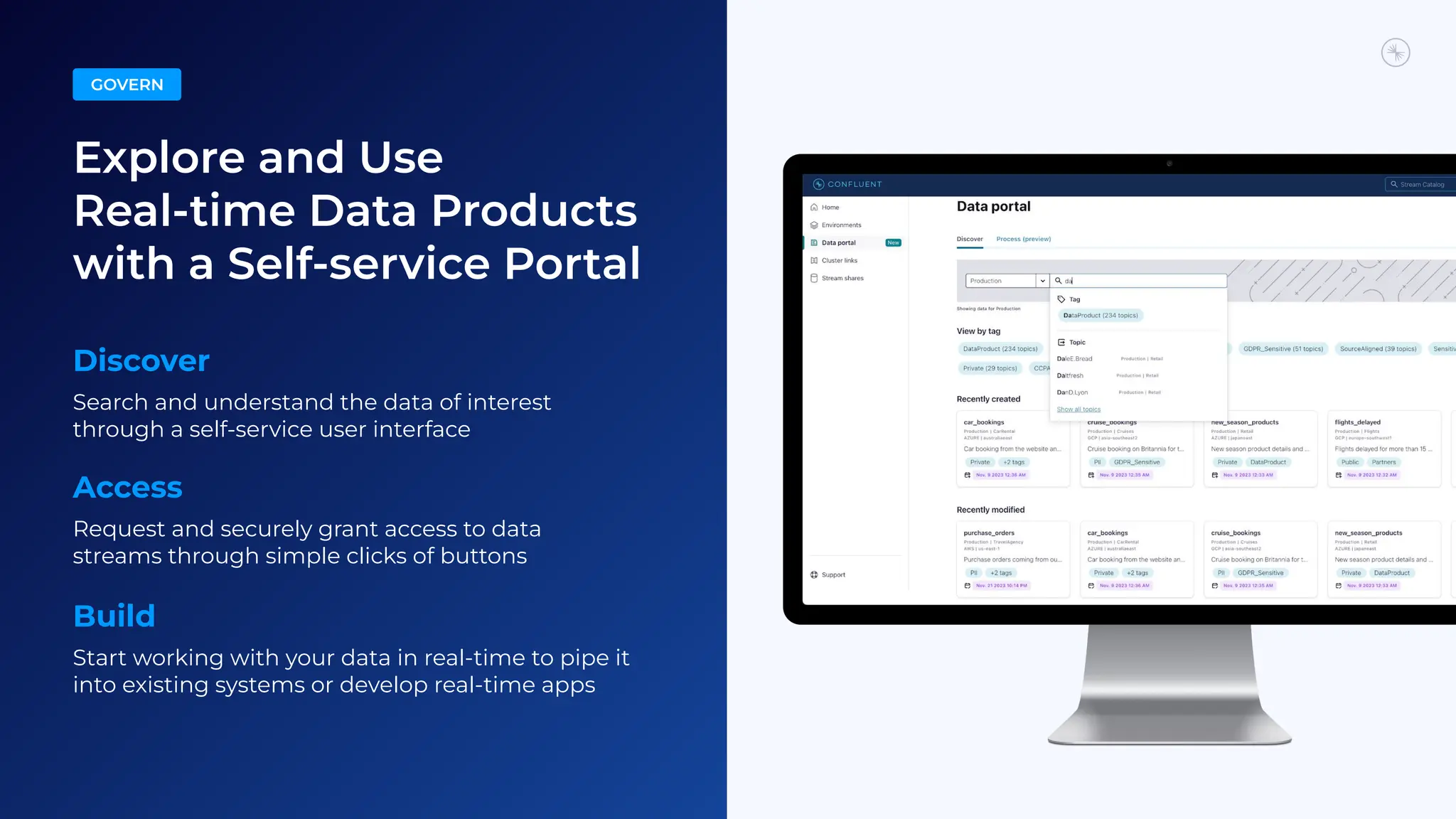 Discover
Search and understand the data of interest
through a self-service user interface
Access
Request and securely grant access to data
streams through simple clicks of buttons
Build
Start working with your data in real-time to pipe it
into existing systems or develop real-time apps
Explore and Use
Real-time Data Products
with a Self-service Portal
GOVERN
 