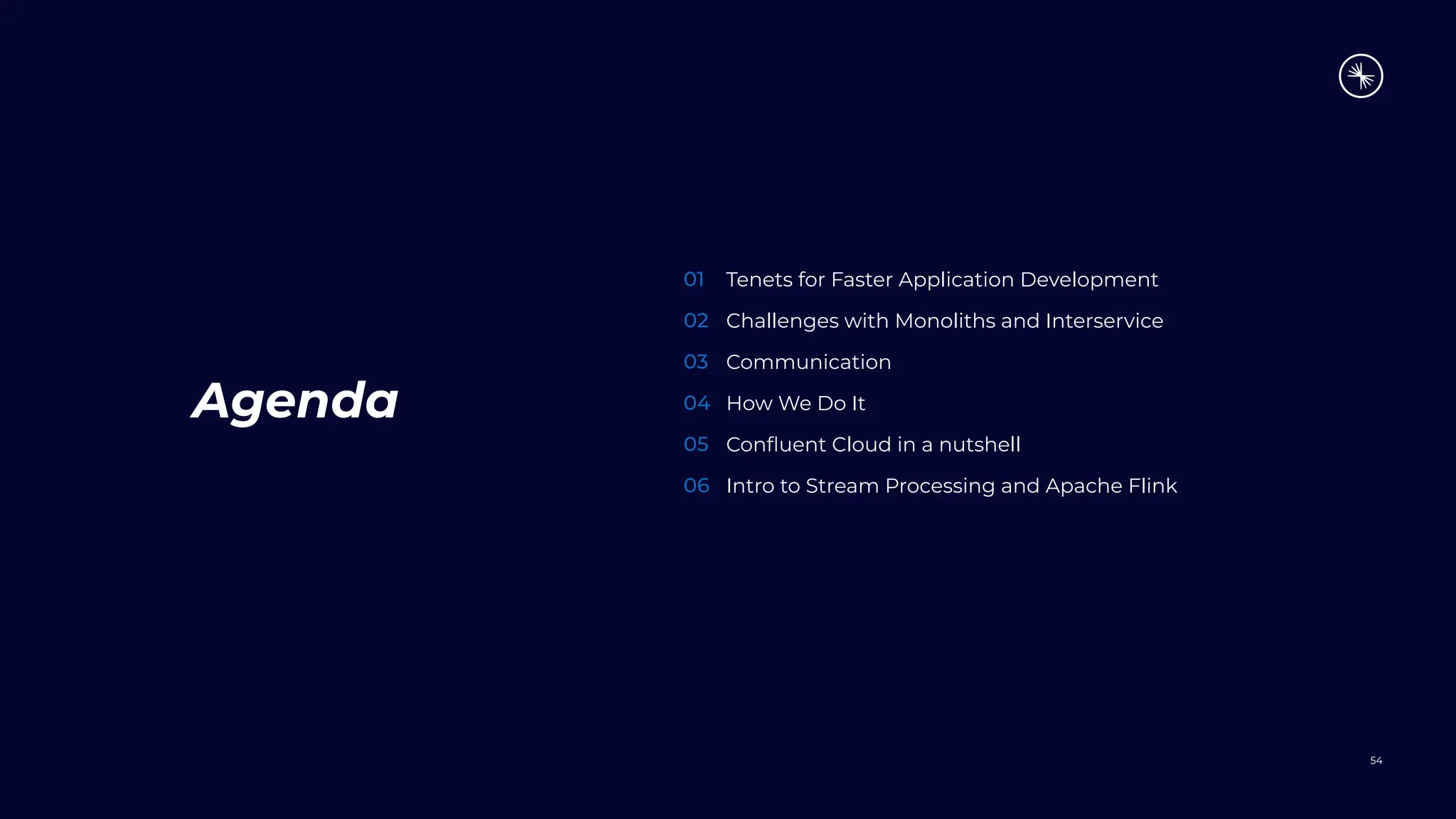 54
Tenets for Faster Application Development
Challenges with Monoliths and Interservice
Communication
How We Do It
Conﬂuent Cloud in a nutshell
Intro to Stream Processing and Apache Flink
Agenda
01
02
03
04
05
06
 