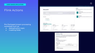 Pre-Packaged stream processing
workloads such as:
● deduplication topic
● masking ﬁelds
EVENT-DRIVEN APPLICATIONS
Flink Actions
 