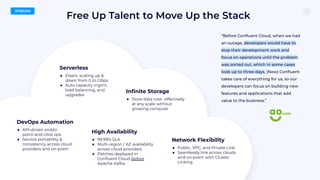 Free Up Talent to Move Up the Stack
Serverless
● Elastic scaling up &
down from 0 to GBps
● Auto capacity mgmt,
load balancing, and
upgrades
High Availability
● 99.99% SLA
● Multi-region / AZ availability
across cloud providers
● Patches deployed in
Conﬂuent Cloud before
Apache Kafka
Inﬁnite Storage
● Store data cost- effectively
at any scale without
growing compute
DevOps Automation
● API-driven and/or
point-and-click ops
● Service portability &
consistency across cloud
providers and on-prem
Network Flexibility
● Public, VPC, and Private Link
● Seamlessly link across clouds
and on-prem with Cluster
Linking
“Before Conﬂuent Cloud, when we had
an outage, developers would have to
stop their development work and
focus on operations until the problem
was sorted out, which in some cases
took up to three days. (Now) Conﬂuent
takes care of everything for us, so our
developers can focus on building new
features and applications that add
value to the business.”
STREAM
 