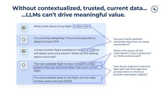 Without contextualized, trusted, current data…
…LLMs can’t drive meaningful value.
What is the status of my ﬂight to New York?
It is currently delayed by 2 hours and expected to
depart at 5 pm GMT.
Is there another ﬂight available to the same city that
will depart and arrive sooner? What are the seating
options and cost?
Can your GenAI assistant
remember data from an earlier
conversation?
What is the source of this
information? Is this trustworthy?
Is it fresh and accurate?
How do you augment customer
data with real-time data and
process them on the ﬂy to
provide meaningful insights?
The next available ﬂight to New York with United
departs later but will arrive faster than your current
ﬂight.
The only available seats in this ﬂight are ﬁrst class
window seats and costs $1,500.
 