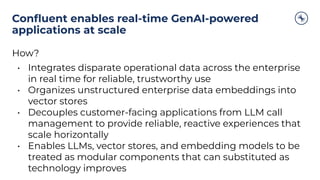 Conﬂuent enables real-time GenAI-powered
applications at scale
How?
• Integrates disparate operational data across the enterprise
in real time for reliable, trustworthy use
• Organizes unstructured enterprise data embeddings into
vector stores
• Decouples customer-facing applications from LLM call
management to provide reliable, reactive experiences that
scale horizontally
• Enables LLMs, vector stores, and embedding models to be
treated as modular components that can substituted as
technology improves
 