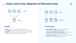59
Microservices
● Faster release cycles: Smaller modules that can
Independently deployed and upgraded
● Improved Scalability and Reliability: Independently
scale services and recover from errors faster
● Developer autonomy: Choose the right programming
language and data store for each service
Services
Databases
Services
Database
… Have Led to the Adoption of Microservices
Monolith
● Slow: Smallest change requires end-end testing
● Unreliable: A simple error can bring down the entire app
● Expensive: Changes to tech stack are expensive. Barrier
to adopting new programming frameworks
 