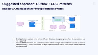 7
0
Replace XA transactions for multiple database writes
● One Application needs to write to two different database storage engines where XA transactions are
not supported.
● Instead of XA transaction, the Application writes data to a single database table, which is sourced to
a Kafka topic by a Source connector. Multiple Sink connectors can be used to sink data to different
storage engines.
Suggested approach: Outbox + CDC Patterns
 