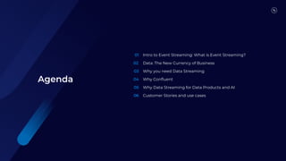 01
02
03
04
05
06
Intro to Event Streaming: What is Event Streaming?
Data: The New Currency of Business
Why you need Data Streaming
Why Conﬂuent
Why Data Streaming for Data Products and AI
Customer Stories and use cases
Agenda
 