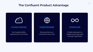 The Conﬂuent Product Advantage
89
Re-imagined Kafka
experience for the Cloud
Be everywhere our
customers want to be
COMPLETE
EVERYWHERE
CLOUD NATIVE
Enable developers to
reliably & securely build
next-gen apps faster
 