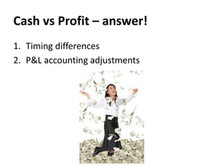 Cash vs Profit – answer!
1. Timing differences
2. P&L accounting adjustments

 