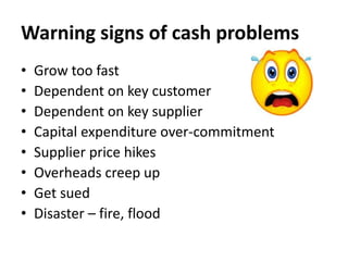Warning signs of cash problems
•
•
•
•
•
•
•
•

Grow too fast
Dependent on key customer
Dependent on key supplier
Capital expenditure over-commitment
Supplier price hikes
Overheads creep up
Get sued
Disaster – fire, flood

 
