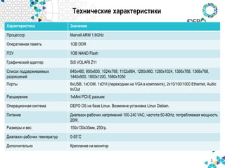 Технические характеристики
Характеристика Значение
Процессор Marvell ARM 1.6GHz
Оперативная память 1GB DDR
ПЗУ 1GB NAND Flash
Графический адаптер SiS VOLARI Z11
Список поддерживаемых
разрешений
640x480, 800x600, 1024x768, 1152x864, 1280x960, 1280x1024, 1366x768, 1368x768,
1440x900, 1600x1200, 1680x1050
Порты 6xUSB, 1xCOM, 1xDVI (переходник на VGA в комплекте), 2x10/100/1000 Ethernet, Audio
In/Out
Расширение 1xMini PCI-E разъем
Операционная система DEPO OS на базе Linux. Возможна установка Linux Debian.
Питание Диапазон рабочих напряжений 100-240 VAC, частота 50-60Hz, потребляемая мощность
20W.
Размеры и вес 150x130x35мм, 250гр.
Диапазон рабочих температур 0-55˚С
Дополнительно Крепление на монитор
3
 