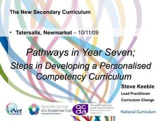 The New Secondary Curriculum
• Tatersalls, Newmarket – 10/11/09
Pathways in Year Seven;Pathways in Year Seven;
Steps in Developing a PersonalisedSteps in Developing a Personalised
Competency CurriculumCompetency Curriculum
Steve Keeble
Lead Practitioner
Curriculum Change
 