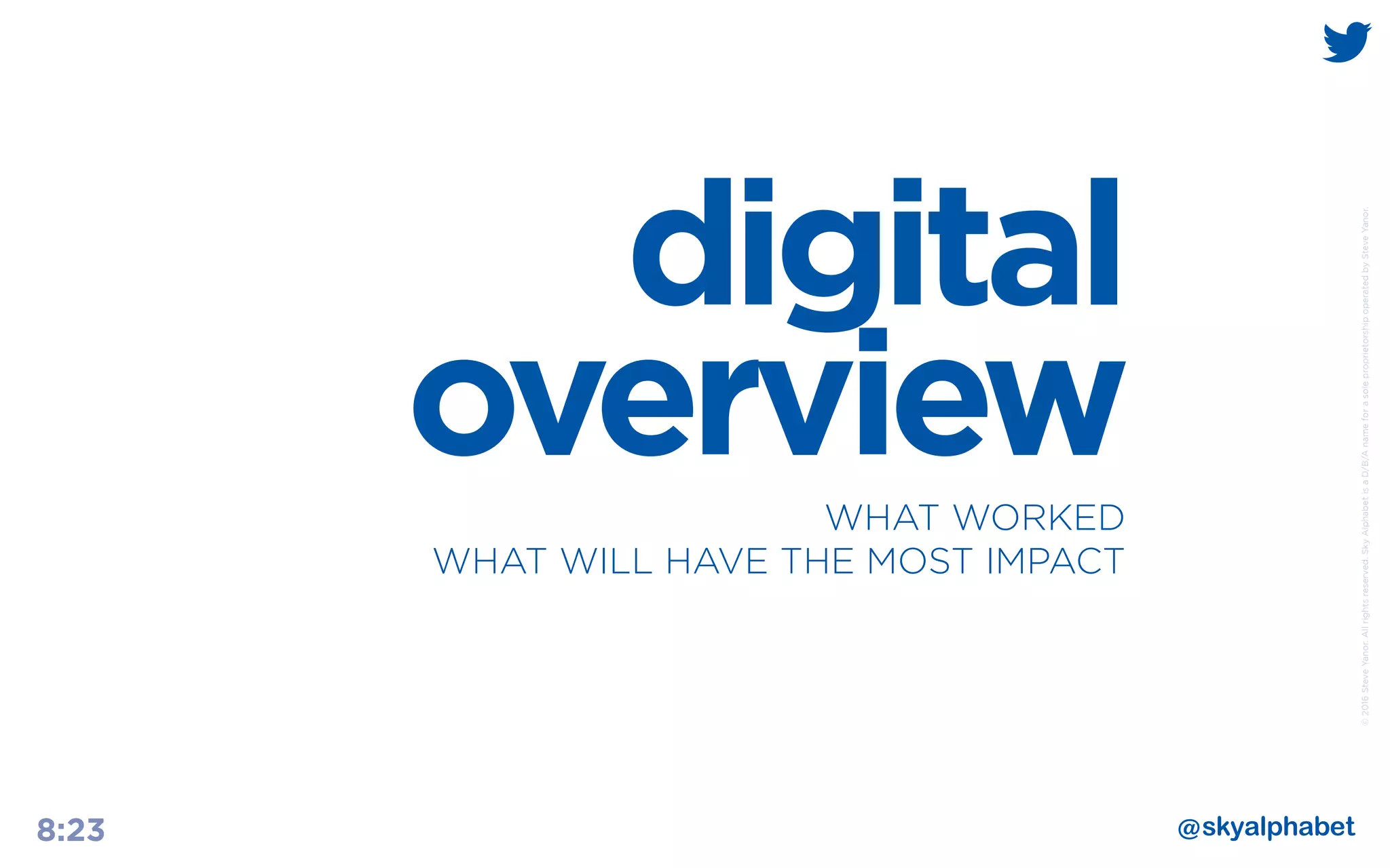©2016SteveYanor.Allrightsreserved.SkyAlphabetisaD/B/AnameforasoleproprietorshipoperatedbySteveYanor.
8:23
digital
overviewWHAT WORKED
WHAT WILL HAVE THE MOST IMPACT
 