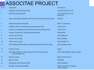 ASSOCITAE PROJECT
Sr. No Application Client Name
1 Skylight with Polycarbonate sheet Assotech Reality Pvt Ltd.
2 Multi Wall Skylight Dome C.S.Construction Pvt.Ltd.
(D.R.D.O)
3 Dome with Openable skylight with 16mm multiwall polycarbonate sheet Nanditas
4 Sliding Polycarbonate Skylight SMCC Construction
5 Cladding with 02 mm Solid opaque polycarbonate sheet Today Home
6 Pyramid covering10mm thick multiwall clear polycarbonate sheet Today Home
7 Atrium Covering with 16mm polycarbonate sheet Today Home
8 Atrium roof covering Paras Build-call
9 Atrium roof covering Senior Builders
10 Atrium roof covering Senior Builders II
11 Side Cladding Dome Entrance Canopy and Track Deck with covering Senior Builders Noida
12 Gazibo covering Jaypee
13 Retractable Skylight on Swimming pool with 10mm multiwall
polycarbonate sheet
Uttar Pradesh Rajkiya Nirman Nigam
14 Entrance canopy Bigway Hotel Pvt.Ltd
15 Roof Covering Globefabb
16 Paint House with Sandwich Glass Shivkala Builder
17 Skylight- Pyramid, Flatskylight Delhi Construction Companyt
Vipul Residency
 