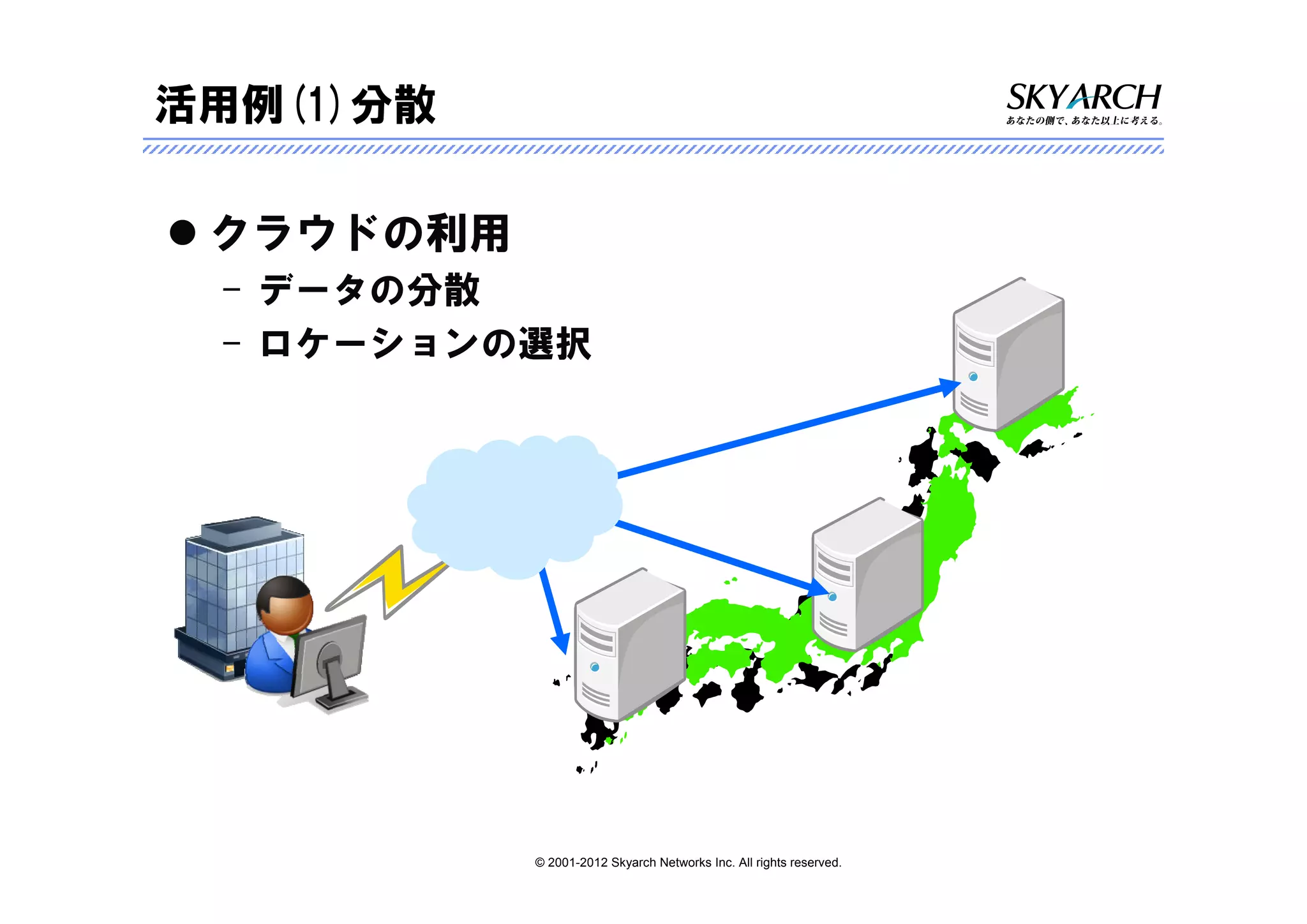 活用例(1)分散

 クラウドの利用
 – データの分散
 – ロケーションの選択




           © 2001-2012 Skyarch Networks Inc. All rights reserved.
 