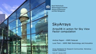 ArrayDB in action for Sky View
Factor computation
Andrea Pagani – KNMI DataLab
Luca Trani – KNMI R&D Seismology and Acoustics
Array Databases for Research Communities Workshop –
EUDAT Conference
Porto 22nd January 2018
SkyArrays
 