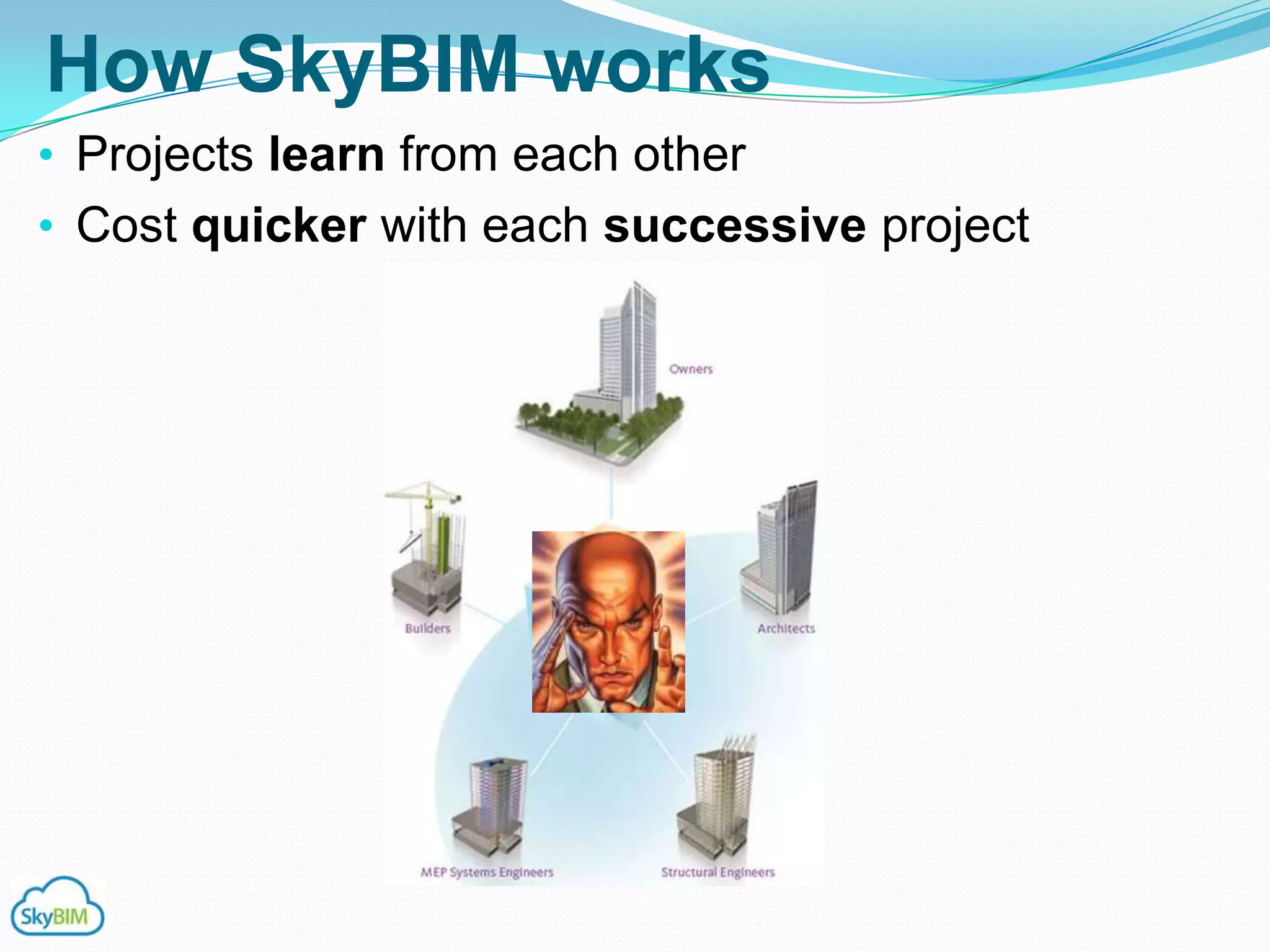 How SkyBIM works
• Projects learn from each other
• Cost quicker with each successive project
 
