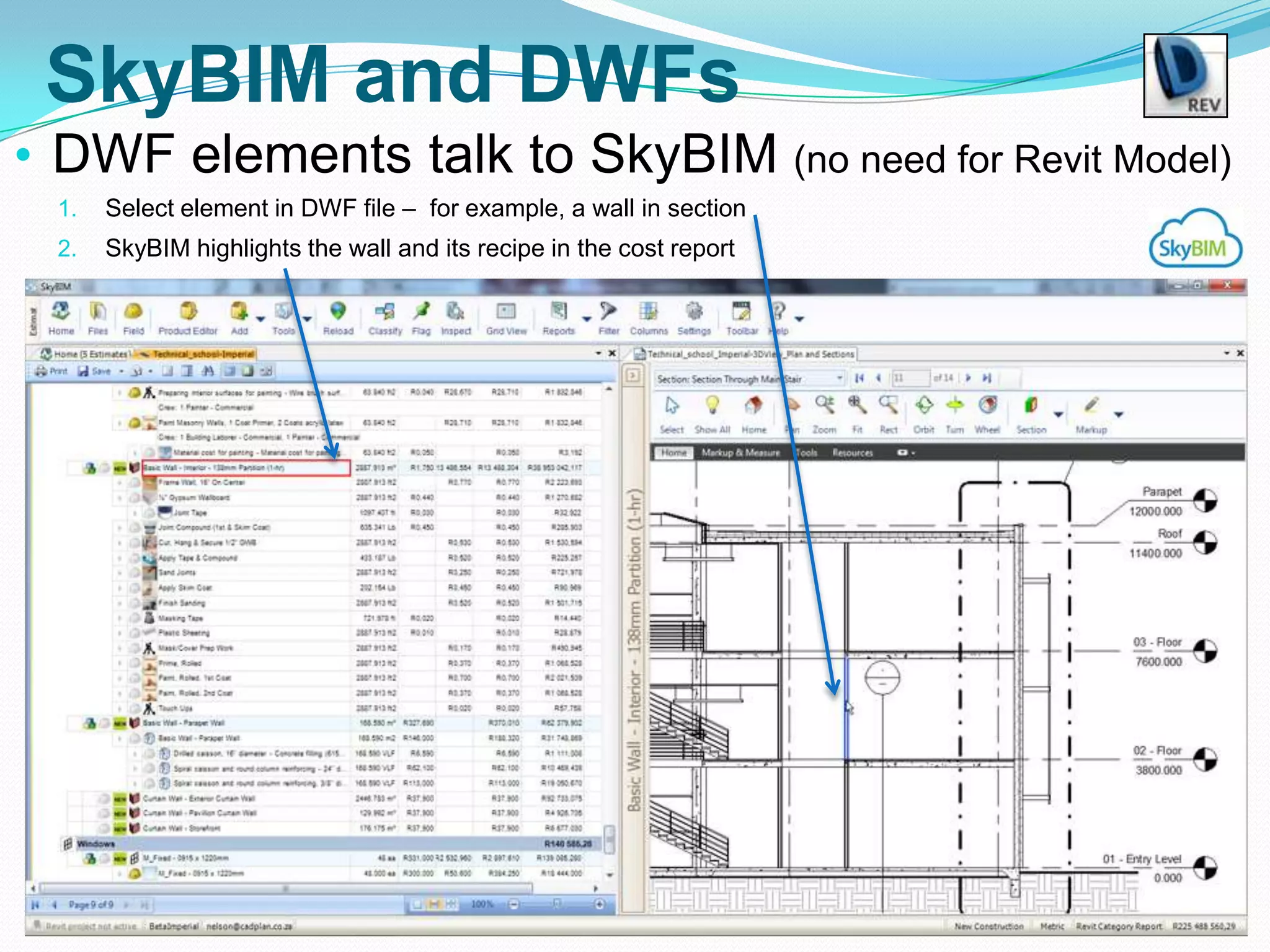 SkyBIM and DWFs
• DWF elements talk to SkyBIM (no need for Revit Model)
 1.   Select element in DWF file – for example, a wall in section
 2.   SkyBIM highlights the wall and its recipe in the cost report
 