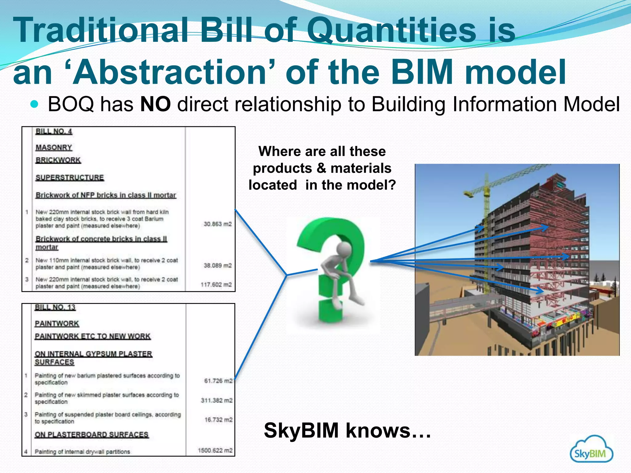 Traditional Bill of Quantities is
an „Abstraction‟ of the BIM model
 BOQ has NO direct relationship to Building Information Model

                           Where are the
                         products/materials
                       located in the model?




                        SkyBIM knows…
 