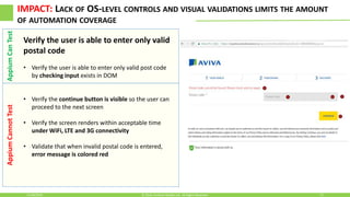 AppiumCannotTestAppiumCanTest IMPACT: LACK OF OS-LEVEL CONTROLS AND VISUAL VALIDATIONS LIMITS THE AMOUNT
OF AUTOMATION COVERAGE
11/30/2016 12© 2016, Perfecto Mobile Ltd. All Rights Reserved.
Verify the user is able to enter only valid
postal code
• Verify the user is able to enter only valid post code
by checking input exists in DOM
• Verify the continue button is visible so the user can
proceed to the next screen
• Verify the screen renders within acceptable time
under WiFi, LTE and 3G connectivity
• Validate that when invalid postal code is entered,
error message is colored red
 
