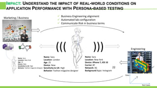 IMPACT: UNDERSTAND THE IMPACT OF REAL-WORLD CONDITIONS ON
APPLICATION PERFORMANCE WITH PERSONA-BASED TESTING
22
Marketing / Business
 Business-Engineering alignment
 Automated lab configuration
 Communicate Risk in business terms
((( )))
Name: Sara
Location: London
Age: 25
Device: New
Sensitivity to UX: High
Behavior: Fashion magazine designer
Engineering
Name: Sara
Location: New York
Age: 25
Device: New
Sensitivity to UX: High
Behavior: Fashion magazine designer
Data
?
Test Cases
Name: Sara
Location: New York
Device: iPhone 7, iOS 10
Carrier: BT
Network: 3G
Background Apps: Instagram
 