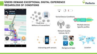 Network Quality
Cellular, Wi-Fi
Interacting with sensors
Peak time -
Millions of transactions Multiple devices
Specific profiles
USERS DEMAND EXCEPTIONAL DIGITAL EXPERIENCE
REGARDLESS OF CONDITIONS
Varied Device Conditions
Background Apps Location
 