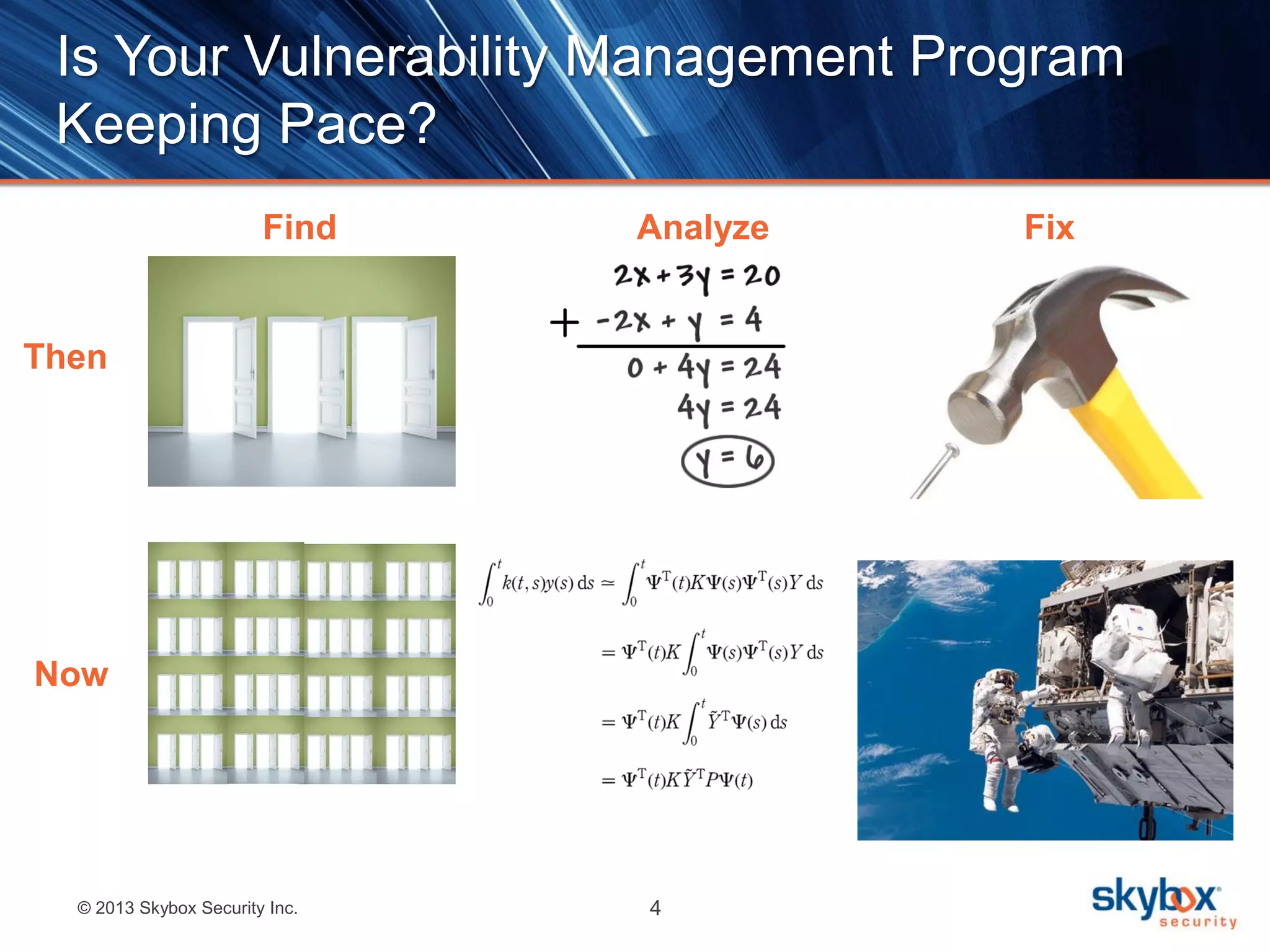 © 2013 Skybox Security Inc. 4
Is Your Vulnerability Management Program
Keeping Pace?
Then
Now
Find Analyze Fix
 