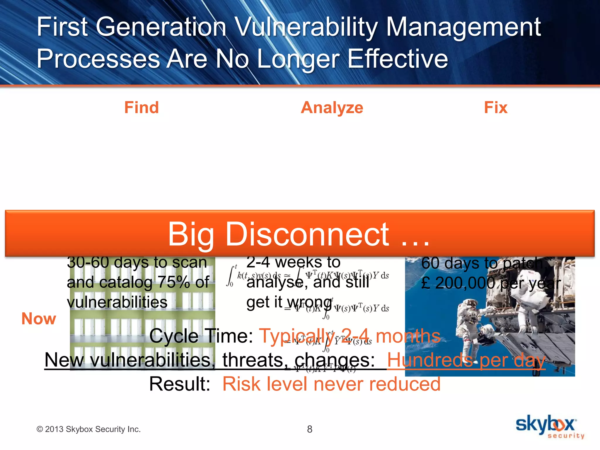 © 2013 Skybox Security Inc. 8
Now
First Generation Vulnerability Management
Processes Are No Longer Effective
30-60 days to scan
and catalog 75% of
vulnerabilities
2-4 weeks to
analyse, and still
get it wrong
60 days to patch,
£ 200,000 per year
Cycle Time: Typically 2-4 months
New vulnerabilities, threats, changes: Hundreds per day
Result: Risk level never reduced
Find Analyze Fix
Big Disconnect …
 
